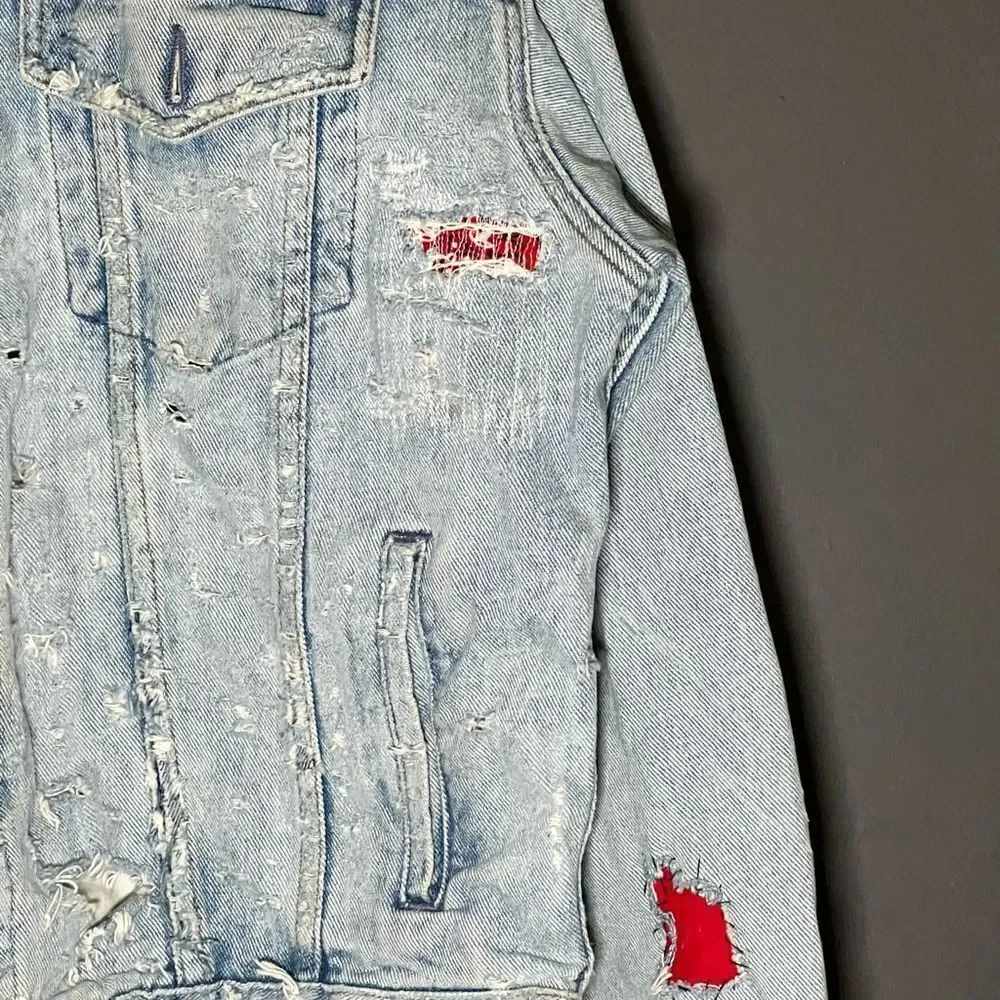 Vintage Paradise France Handmade Distressed Denim Jacket With Vintage Bandana Pa - Picture 4 of 9